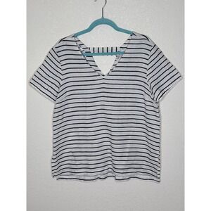 Ellen Tracy Linen Blend Striped Top M Coastal Boho Navy White Vacation‎ Travel